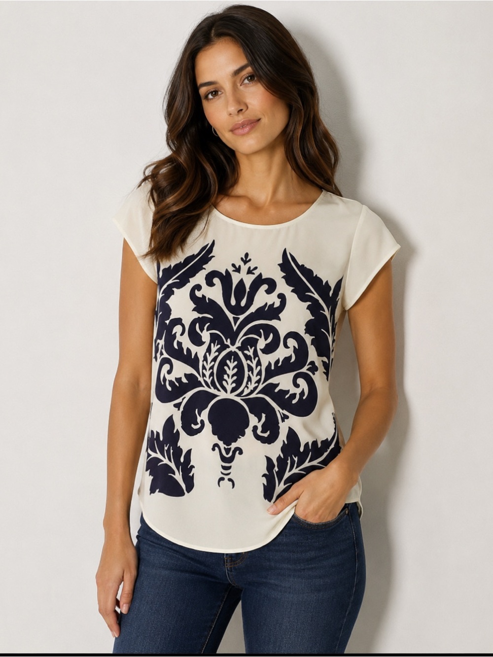 Pim + Larkin Cream and Navy Damask Top | Size Small |